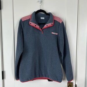 Columbia quarter snap fleece in blue with red and white gingham detailing